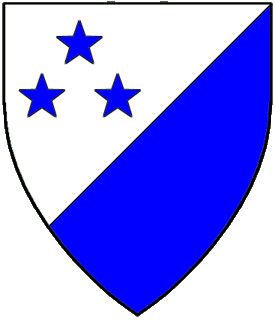 Per bend sinister argent and azure, three mullets one and two azure.